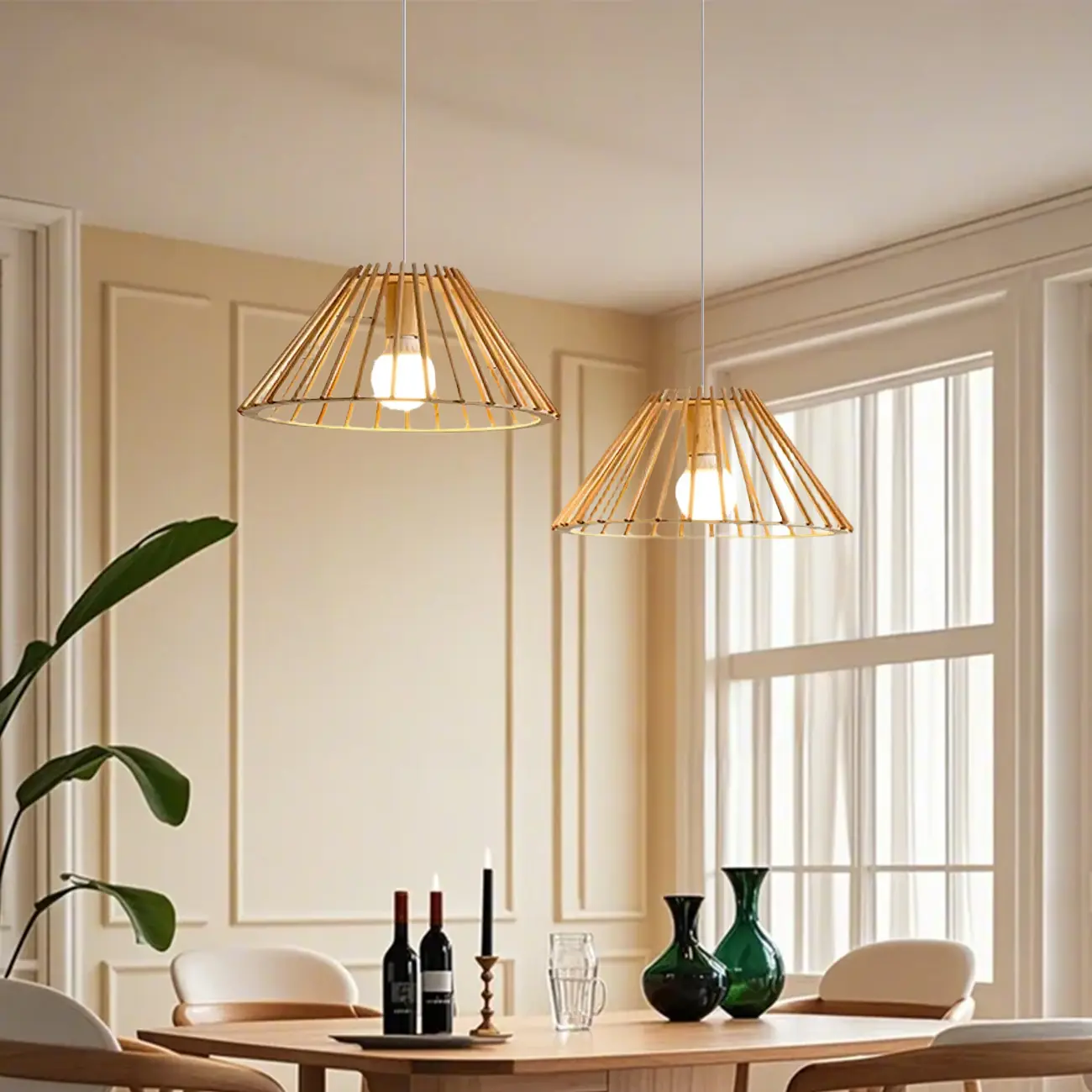 2 Light Natural Wood Polygonal Pendant Light for Kitchen Image - 4 | homeyfad
