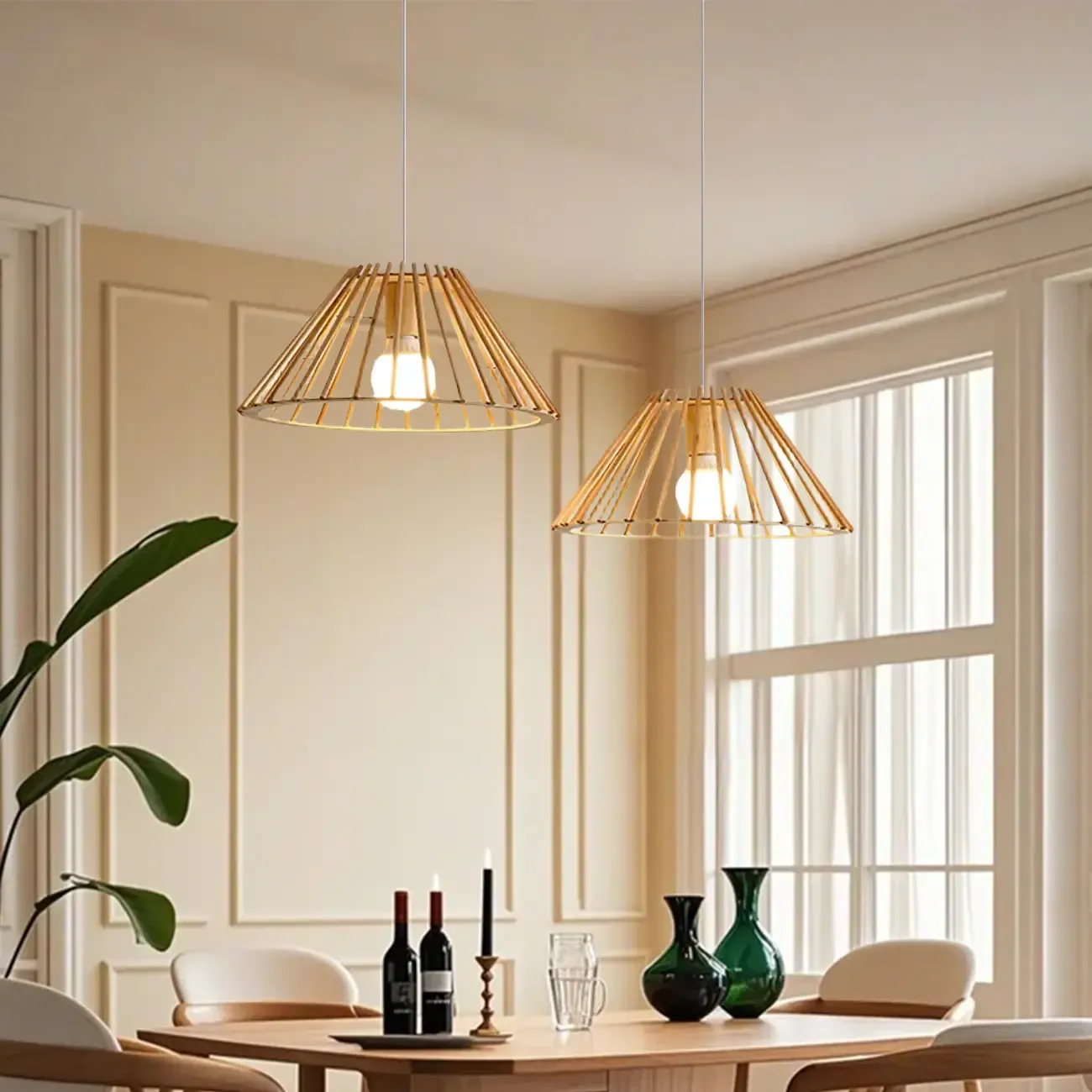 2 Light Natural Wood Polygonal Pendant Light for Kitchen Image - 4