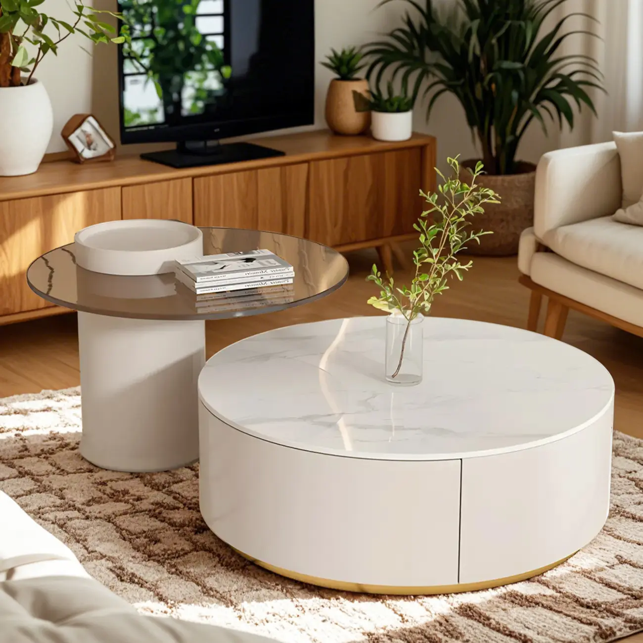 White Modern Round Drum Wood Drawer Coffee Table Image - 1 | homeyfad