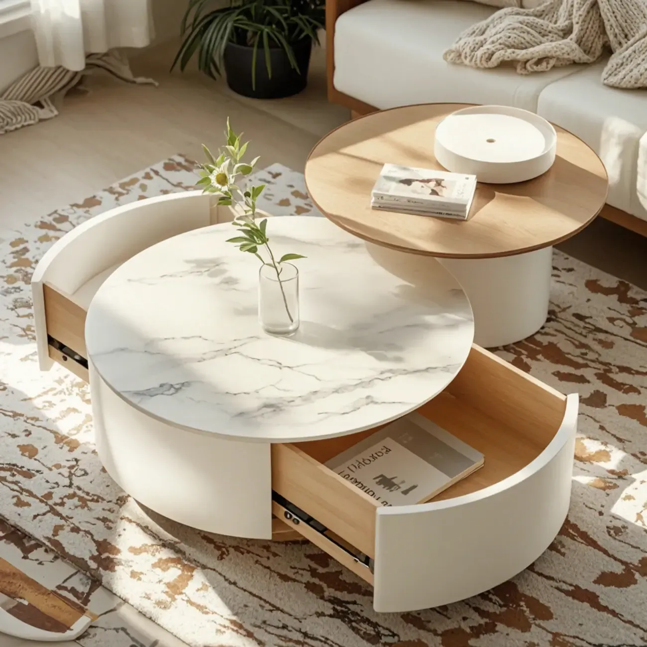 White Modern Round Drum Wood Drawer Coffee Table Image - 2