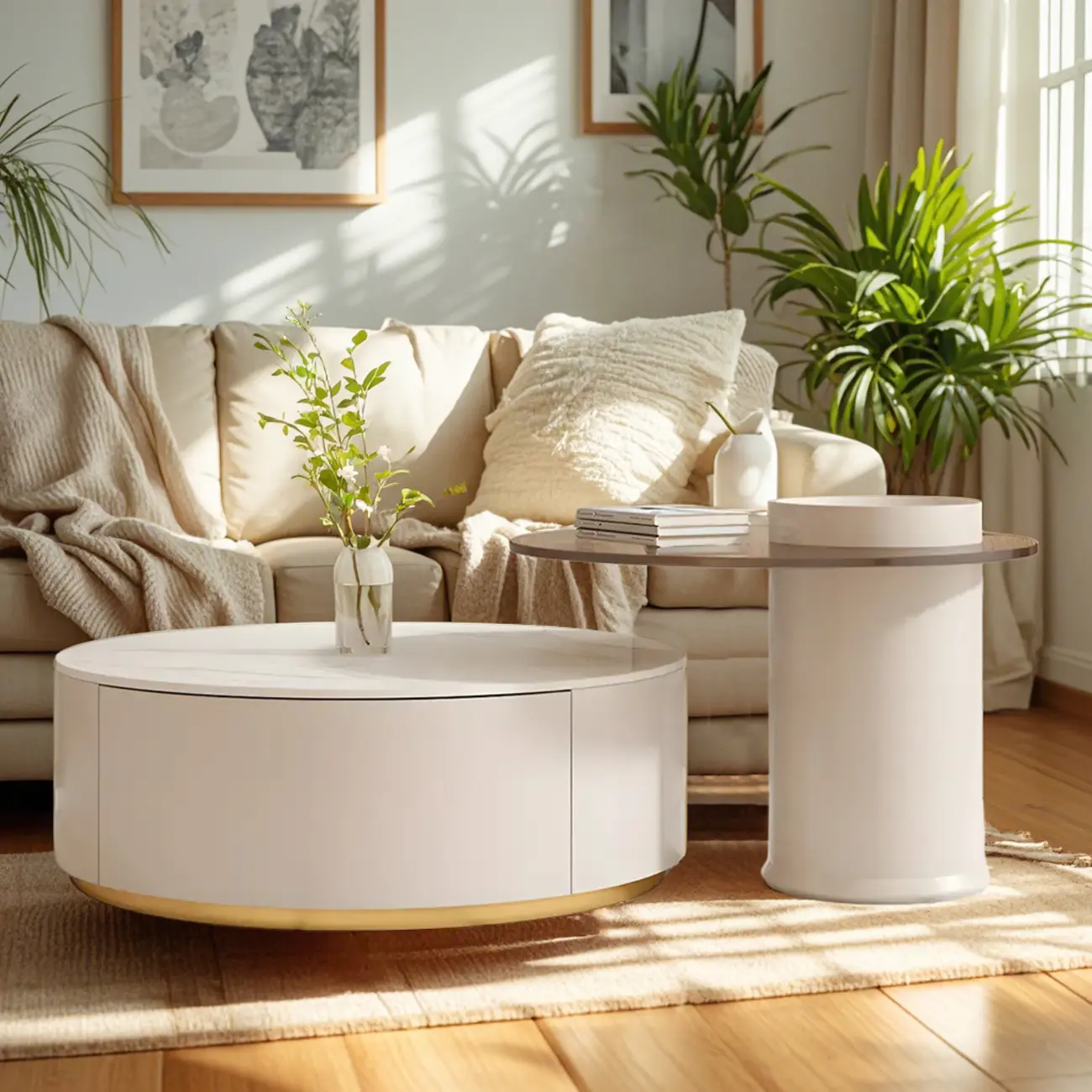 White Modern Round Drum Wood Drawer Coffee Table Image - 3 | homeyfad