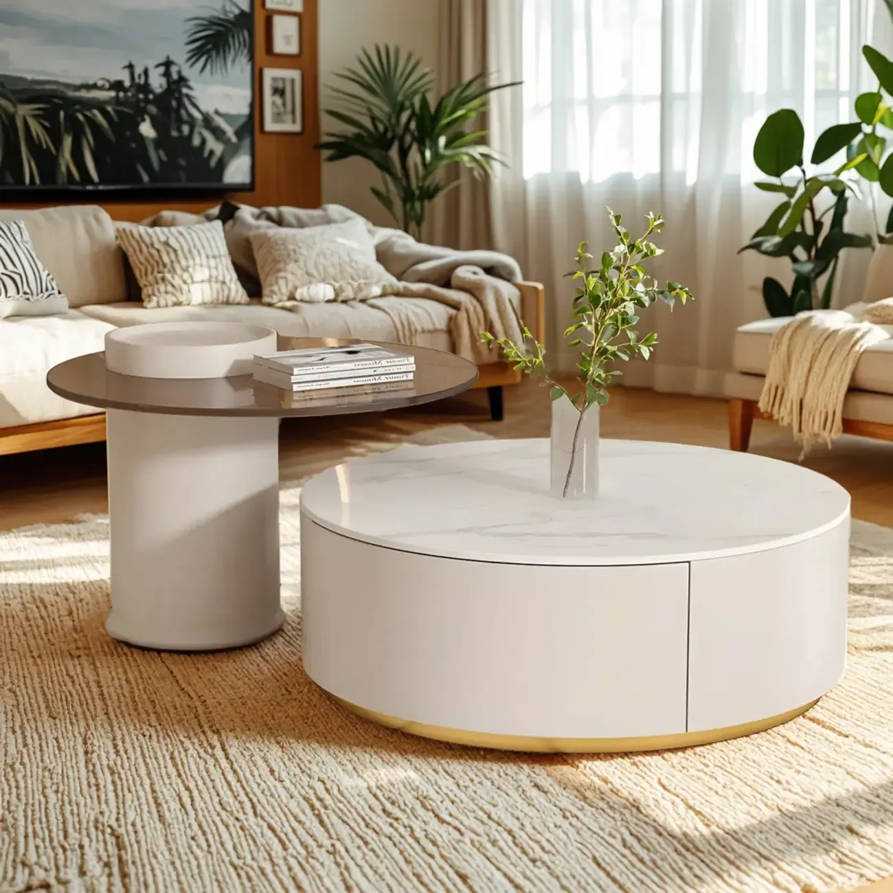 White Modern Round Drum Wood Drawer Coffee Table Image - 4