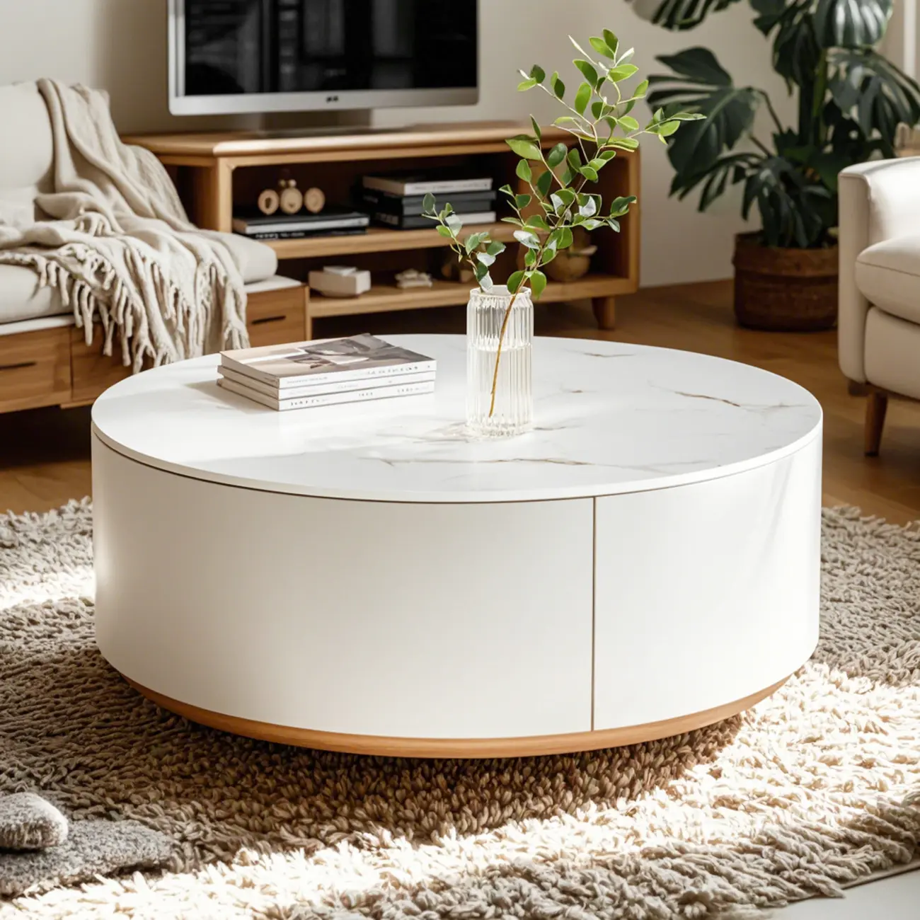 White Modern Round Drum Wood Drawer Coffee Table Image - 5 | homeyfad