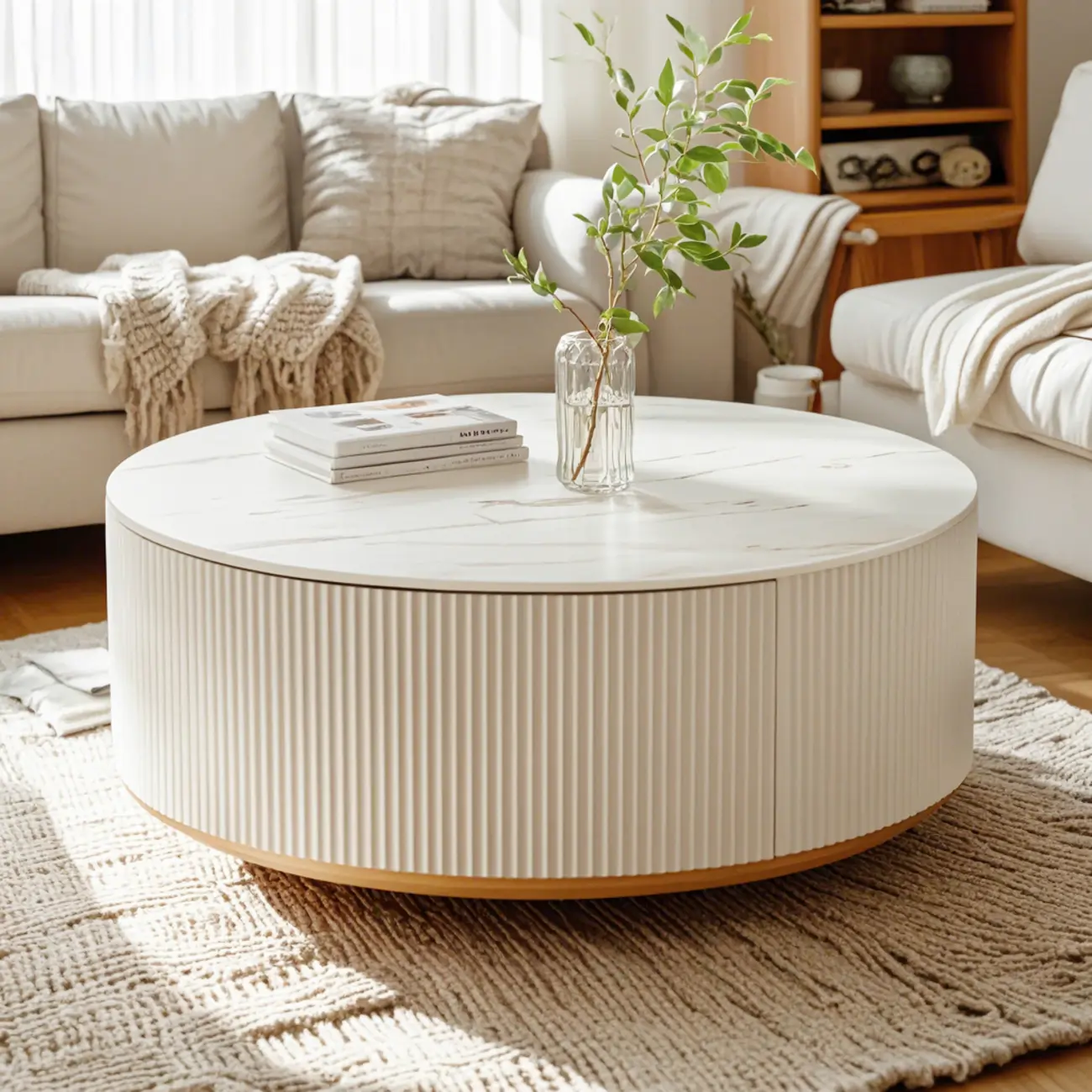White Modern Round Drum Wood Drawer Coffee Table Image - 6 | homeyfad