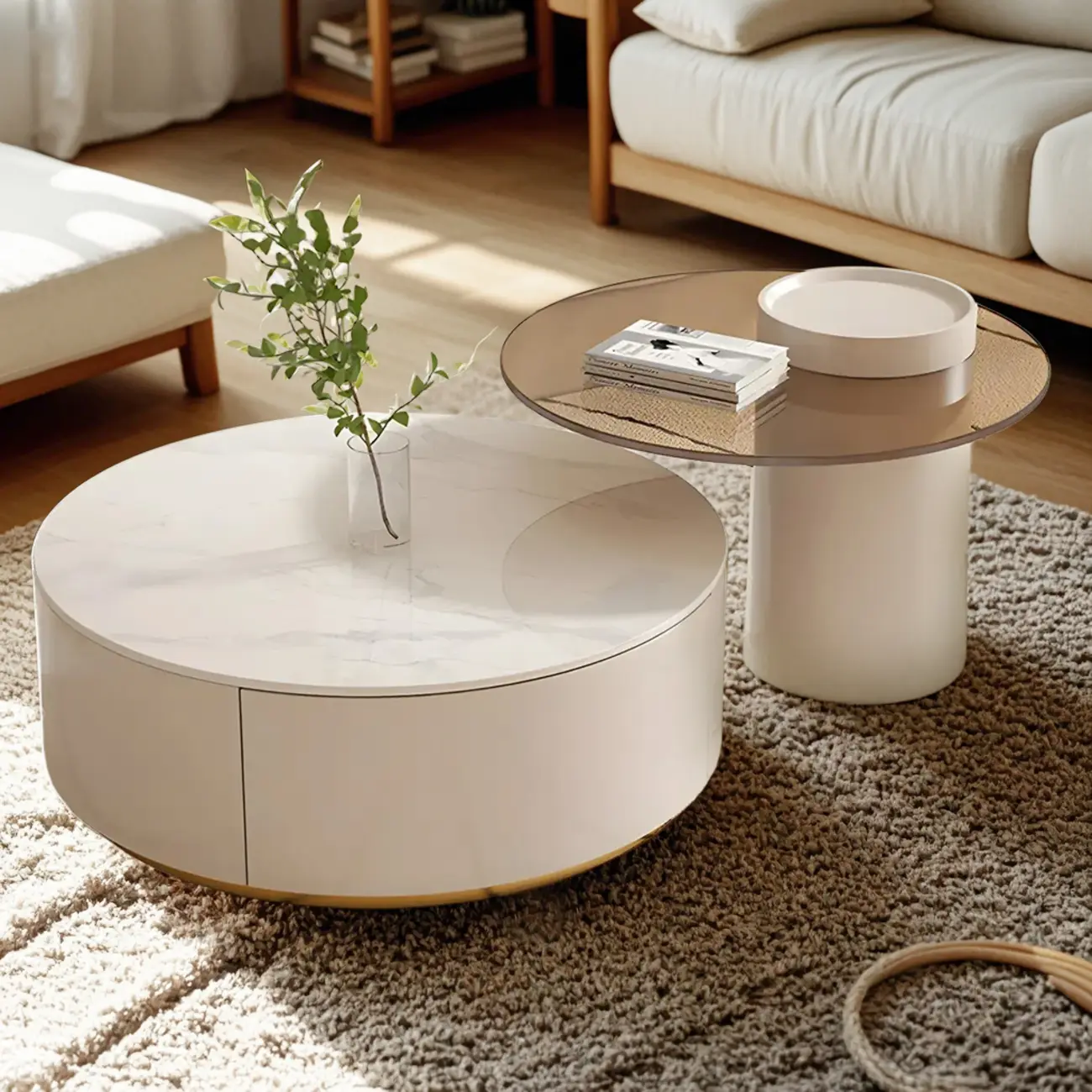 White Modern Round Drum Wood Drawer Coffee Table Image - 9 | homeyfad