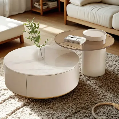 White Modern Round Drum Wood Drawer Coffee Table Image - 9