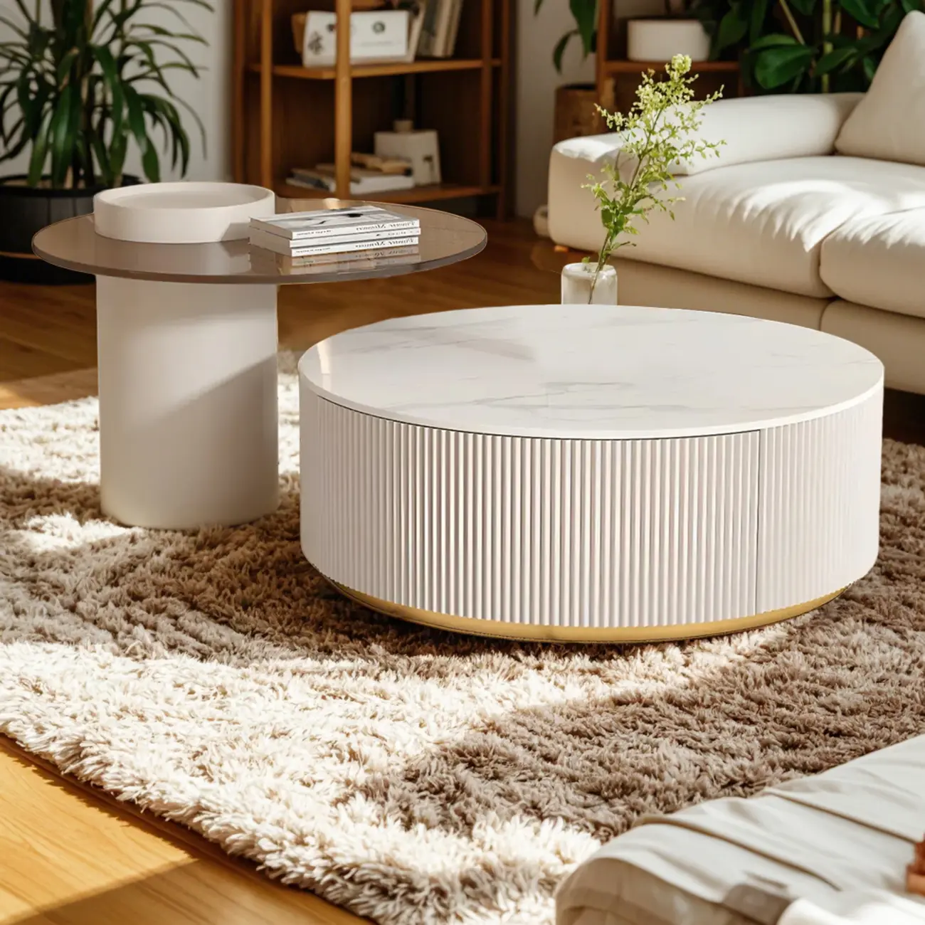 White Modern Round Drum Wood Drawer Coffee Table Image - 8 | homeyfad