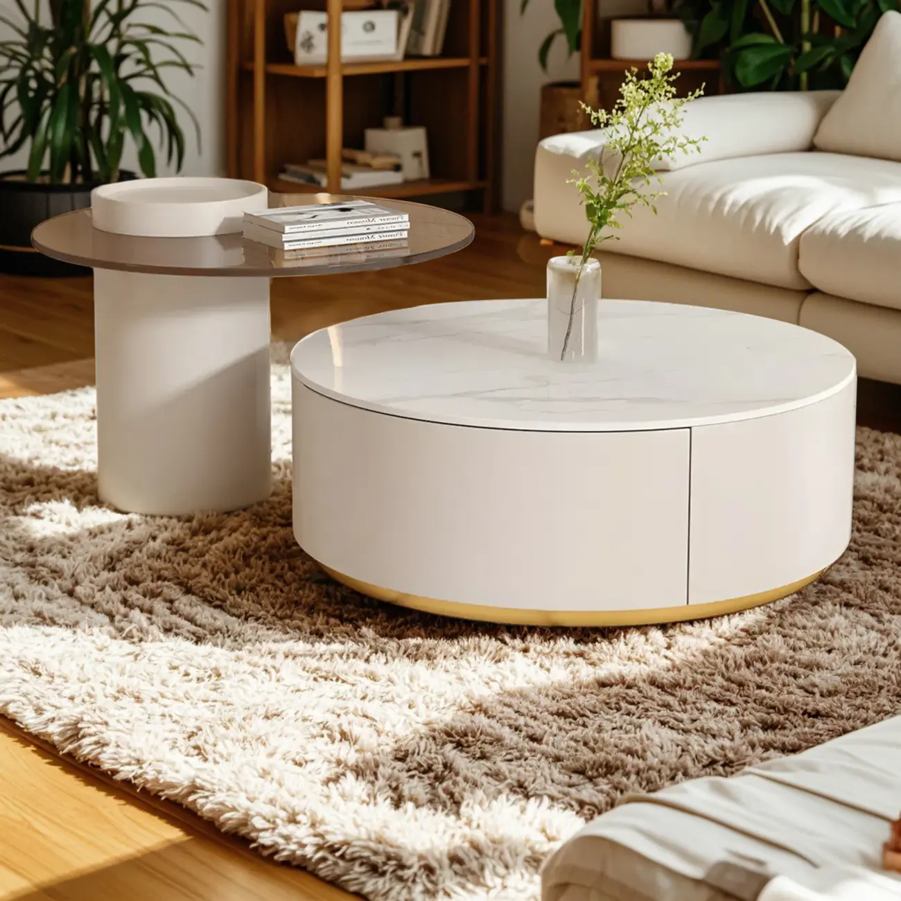 White Modern Round Drum Wood Drawer Coffee Table Image - 7 | homeyfad