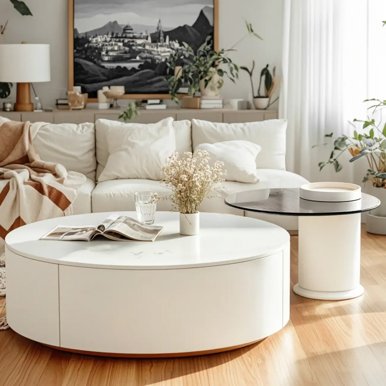 Slate Top White Round Modern Wood Drawer Coffee Table Image - 1