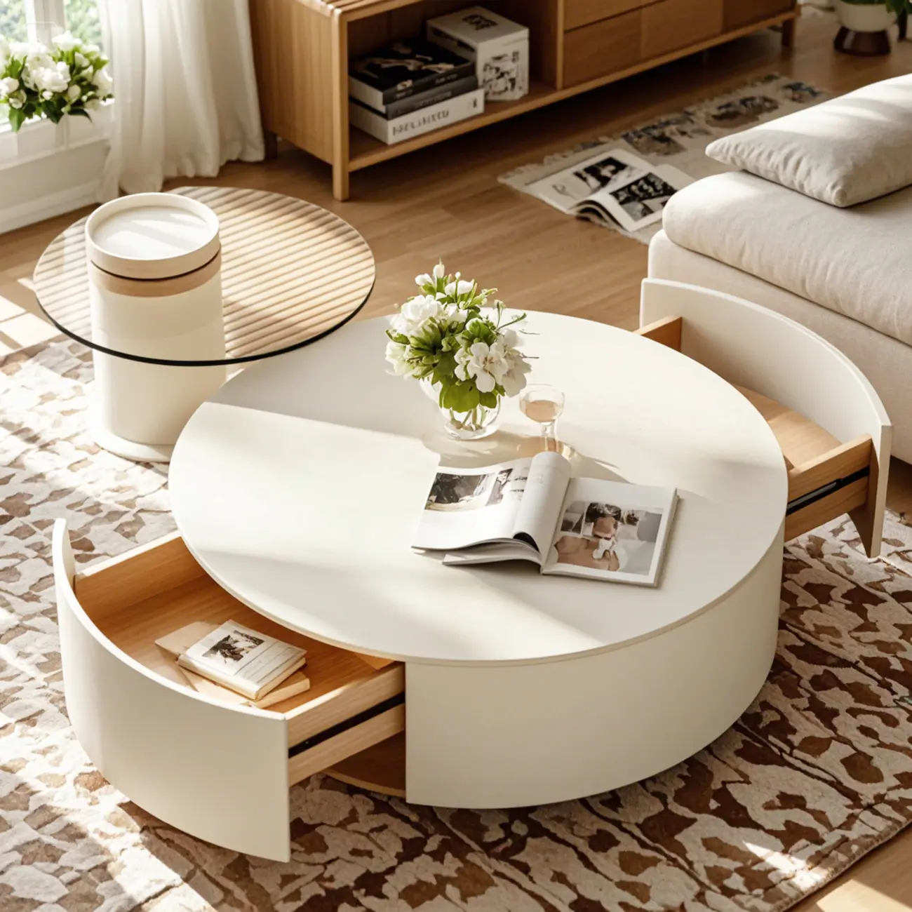 Slate Top White Round Modern Wood Drawer Coffee Table Image - 2 | homeyfad