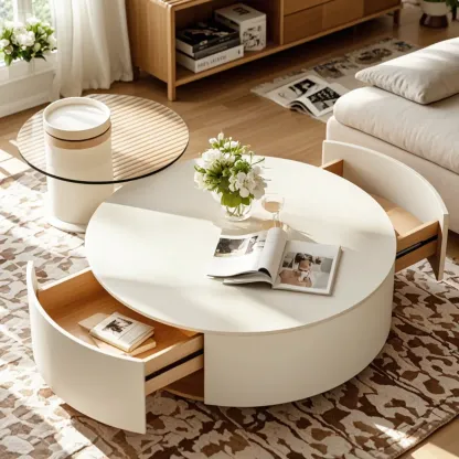 Slate Top White Round Modern Wood Drawer Coffee Table Image - 2