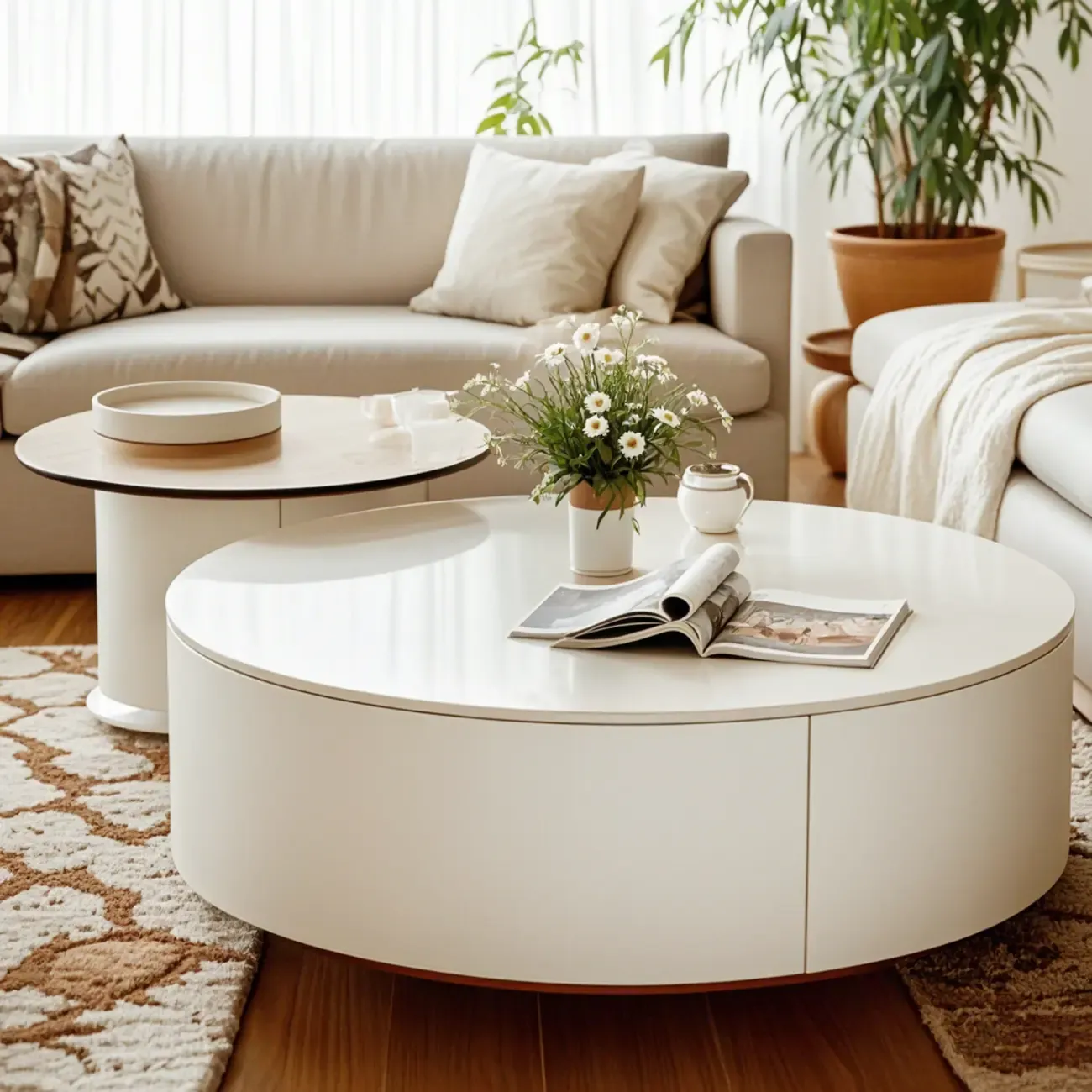 Slate Top White Round Modern Wood Drawer Coffee Table Image - 3