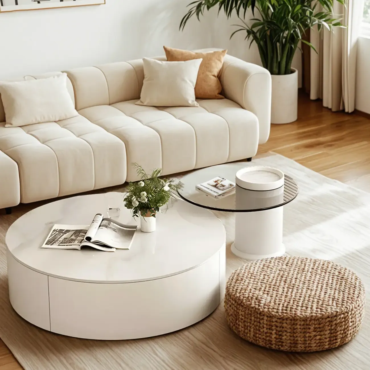 Slate Top White Round Modern Wood Drawer Coffee Table Image - 4