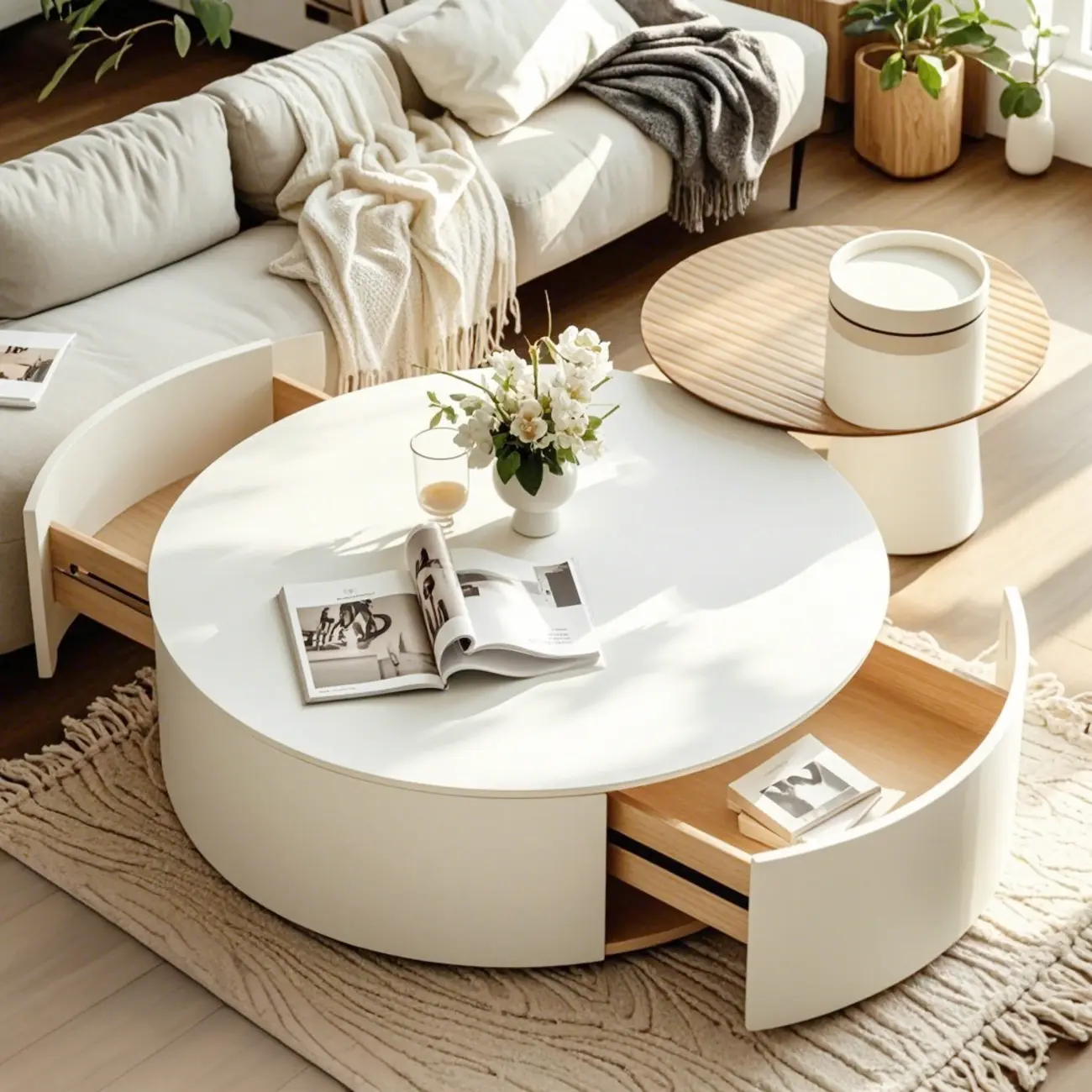 Slate Top White Round Modern Wood Drawer Coffee Table Image - 5 | homeyfad