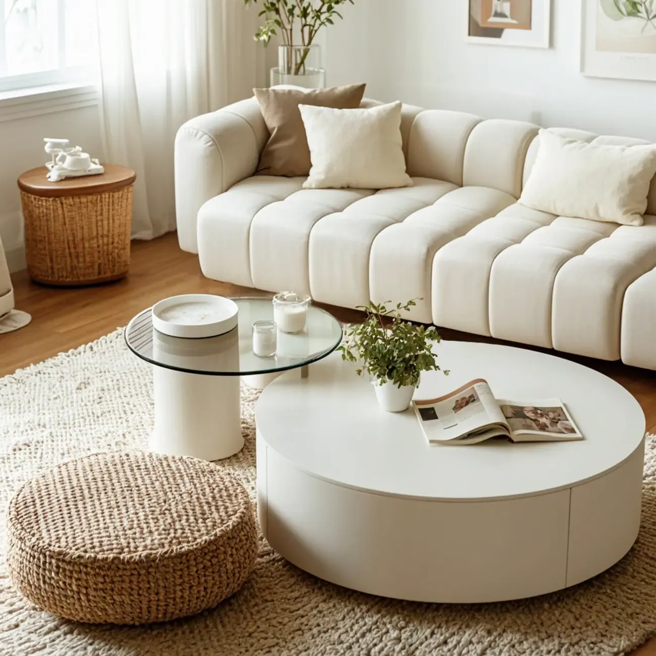 Slate Top White Round Modern Wood Drawer Coffee Table Image - 6