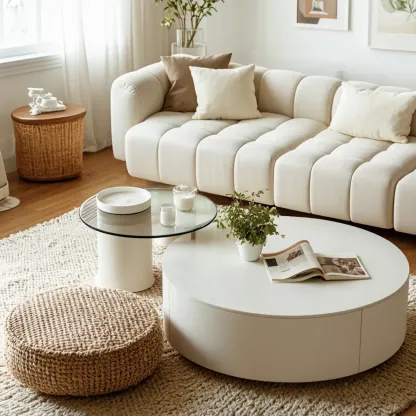 Slate Top White Round Modern Wood Drawer Coffee Table Image - 6