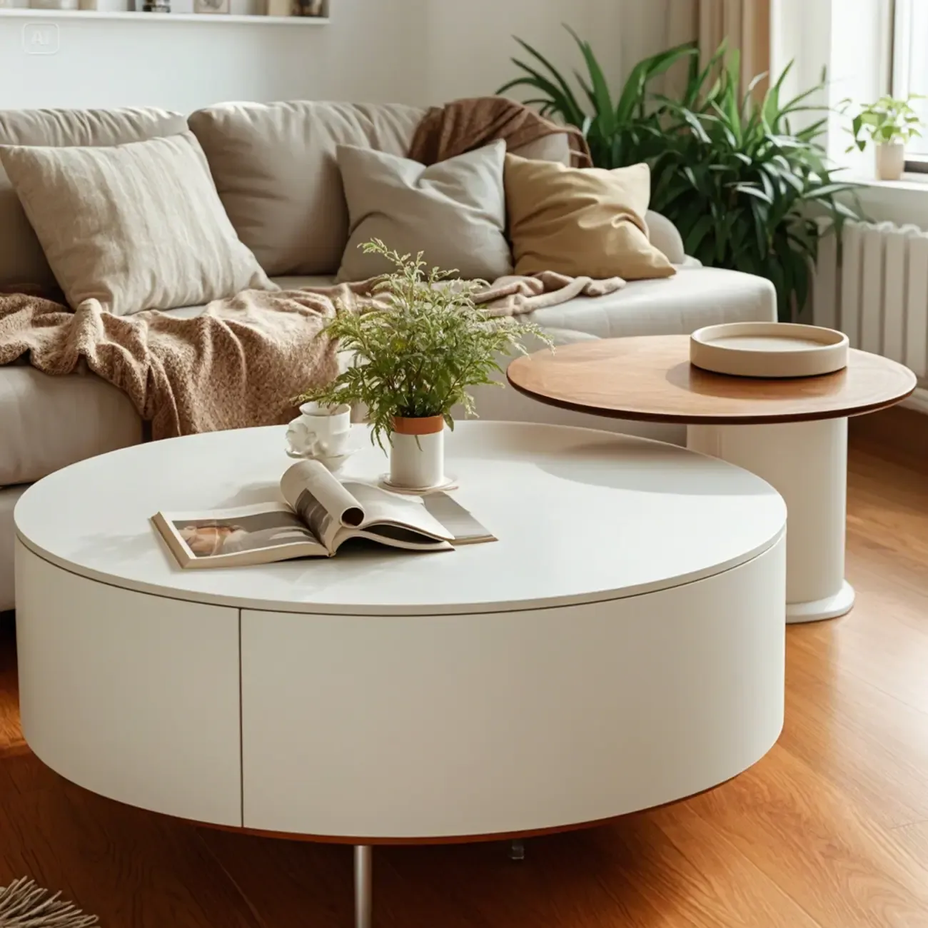 Slate Top White Round Modern Wood Drawer Coffee Table Image - 7