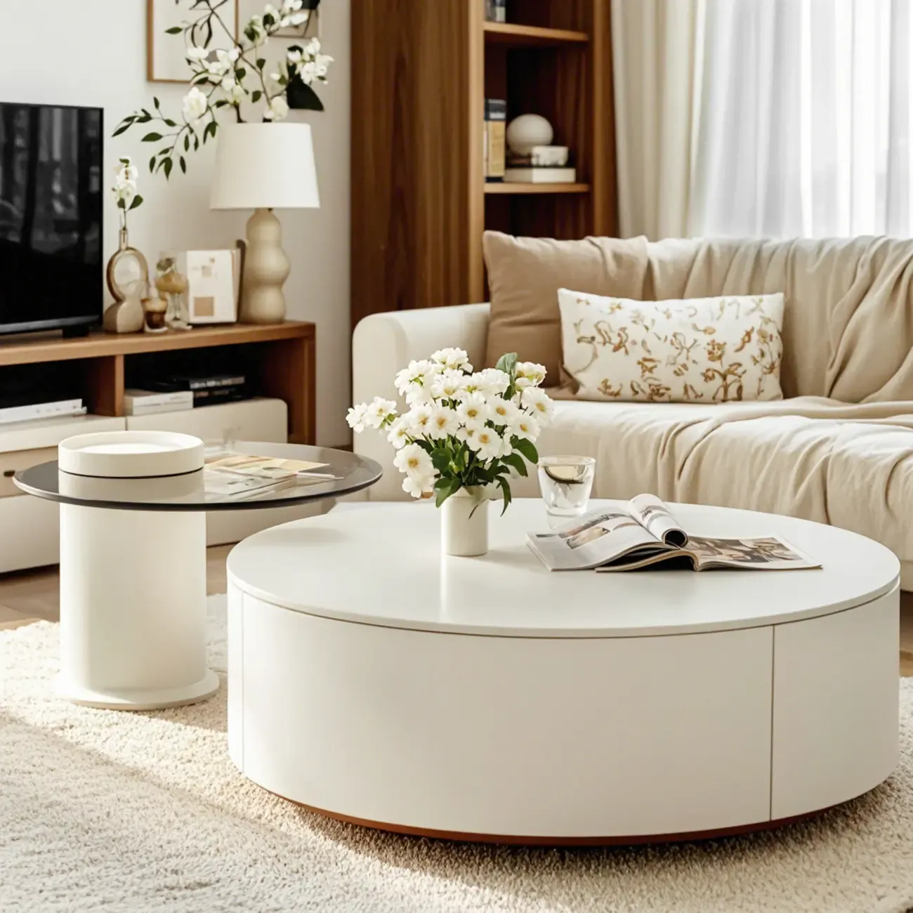 Slate Top White Round Modern Wood Drawer Coffee Table Image - 8