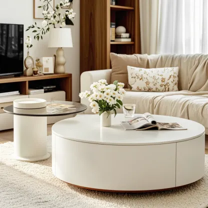 Slate Top White Round Modern Wood Drawer Coffee Table Image - 8