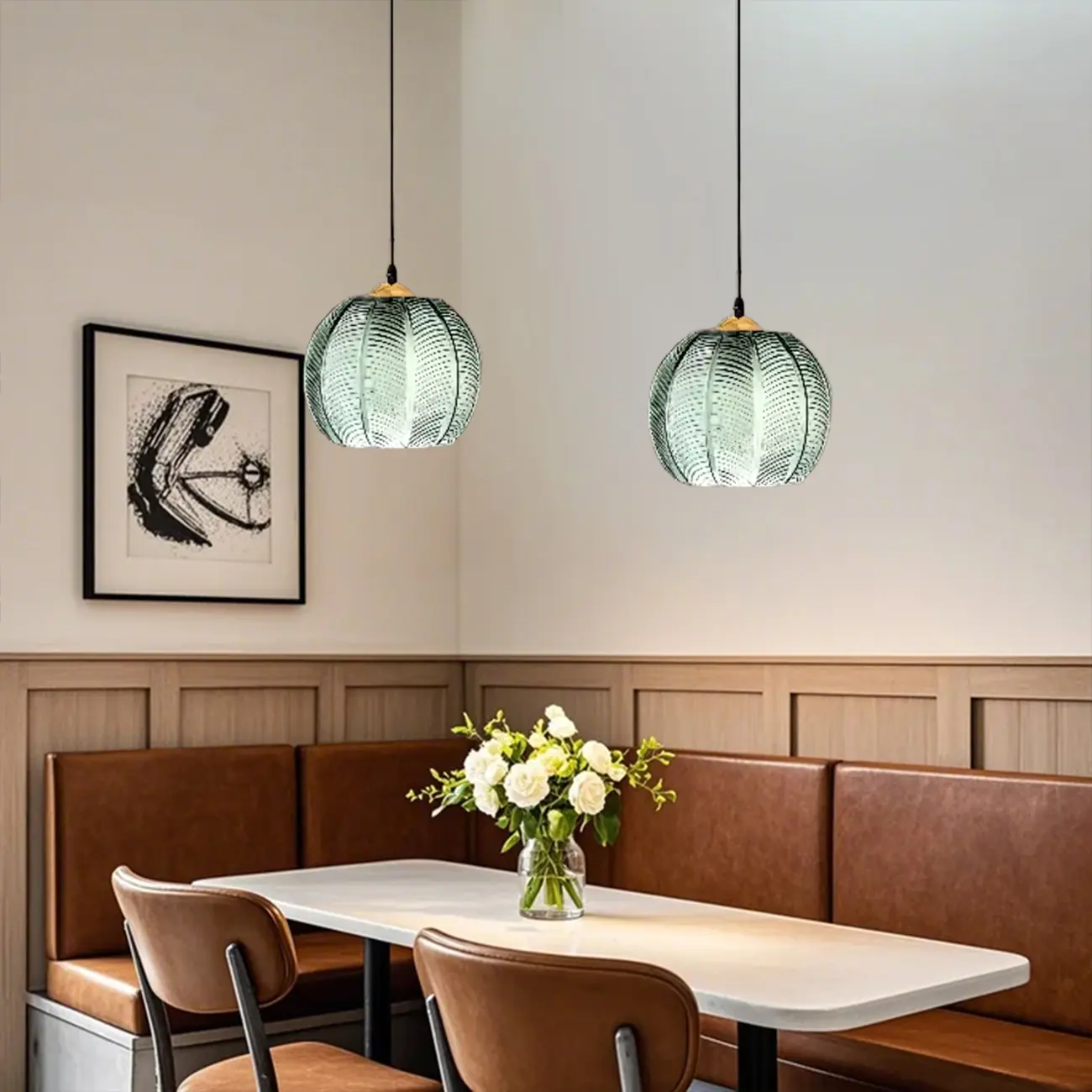 Modern Green Glass Leaf-Inspired Globe Pendant Light Image - 4 | homeyfad