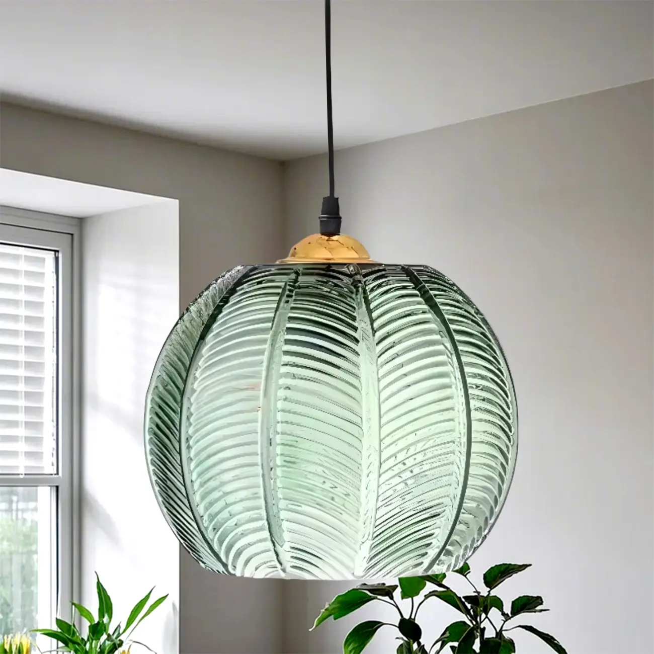 Modern Green Glass Leaf-Inspired Globe Pendant Light Image - 15 | homeyfad