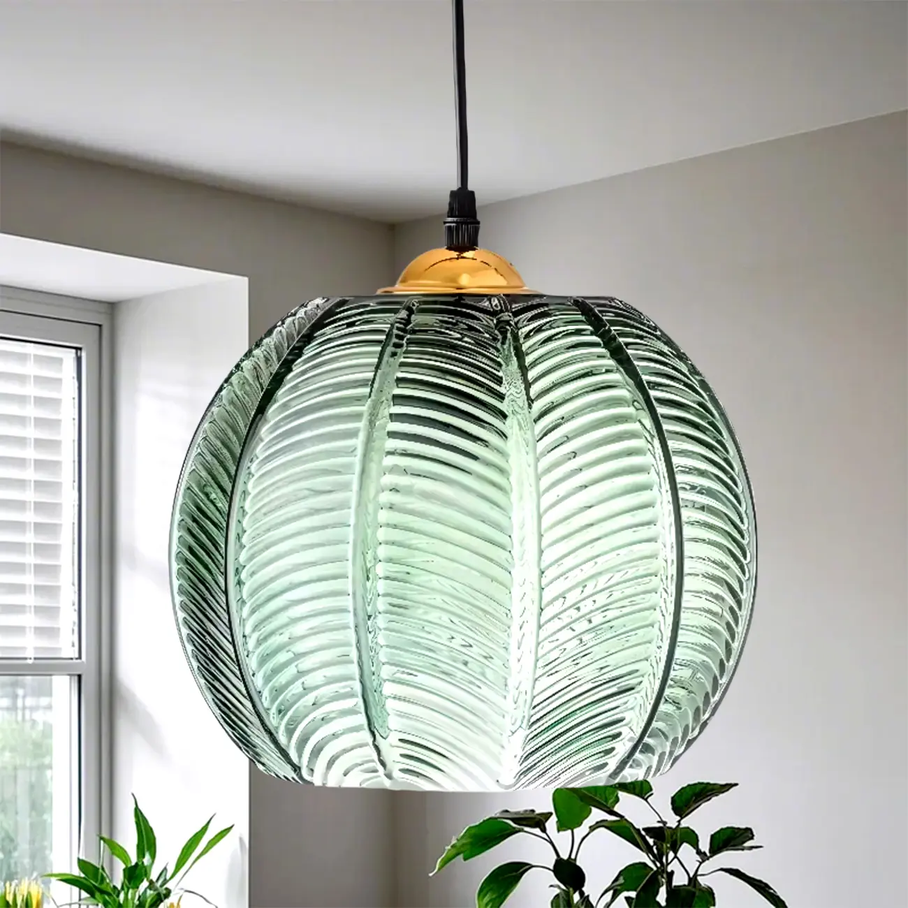 Modern Green Glass Leaf-Inspired Globe Pendant Light Image - 16 | homeyfad