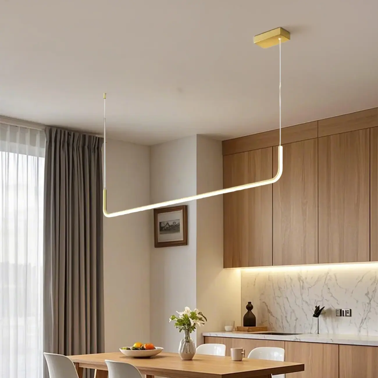Simple Silica Gel Linear Island Pendant Light in Gold for Kitchen Image - 1 | homeyfad