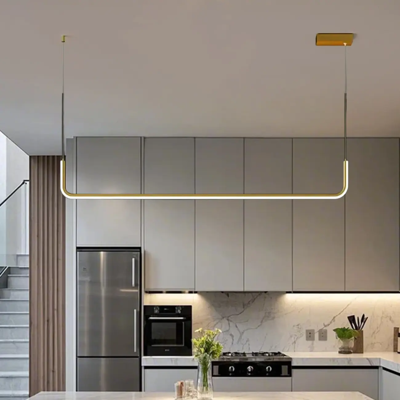 Simple Silica Gel Linear Island Pendant Light in Gold for Kitchen Image - 4 | homeyfad