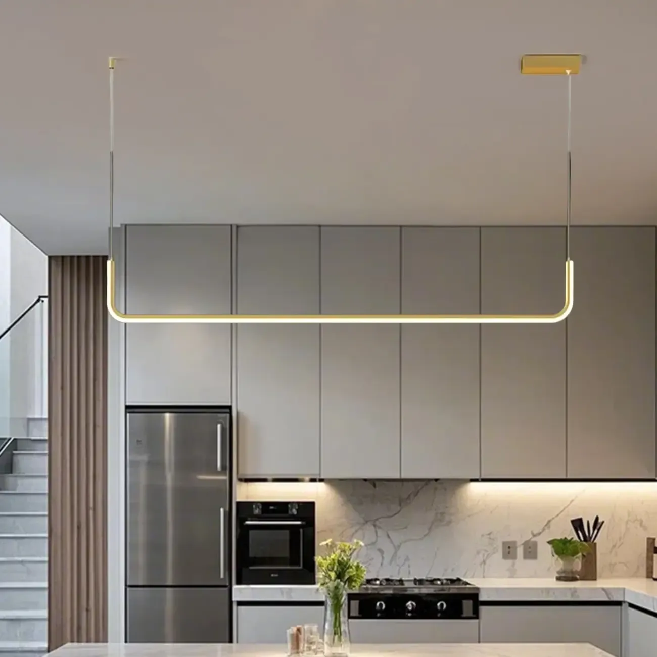 Simple Silica Gel Linear Island Pendant Light in Gold for Kitchen Image - 8