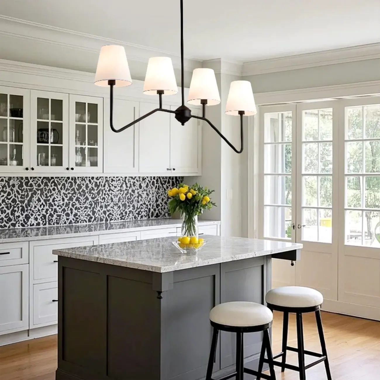 Black Metal Island Pendant Light with 4 Lights in Fabric Cylinder Shape Image - 3