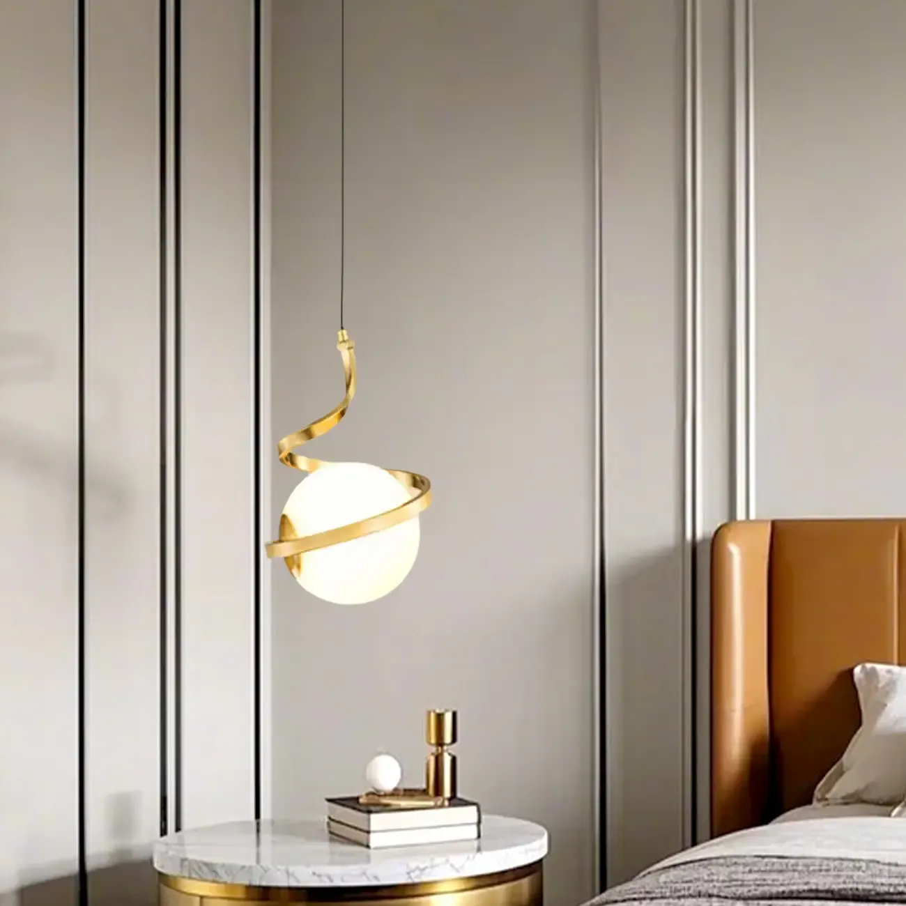Designer White Ball Pendant Light with Metal Linear for Bedside Image - 1