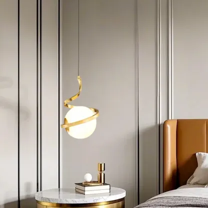 Designer White Ball Pendant Light with Metal Linear for Bedside Image - 1