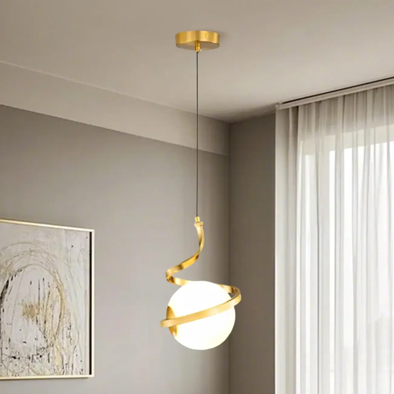 Designer White Ball Pendant Light with Metal Linear for Bedside Image - 15