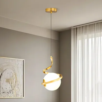 Designer White Ball Pendant Light with Metal Linear for Bedside Image - 15
