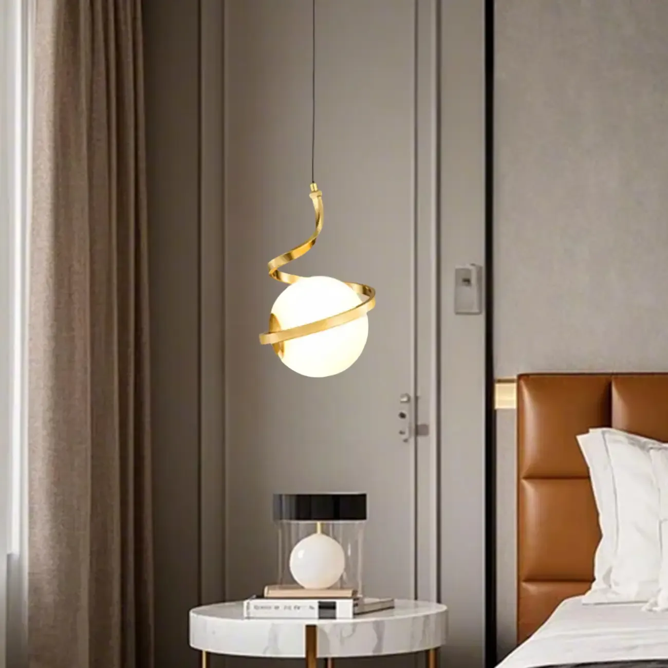 Designer White Ball Pendant Light with Metal Linear for Bedside Image - 4