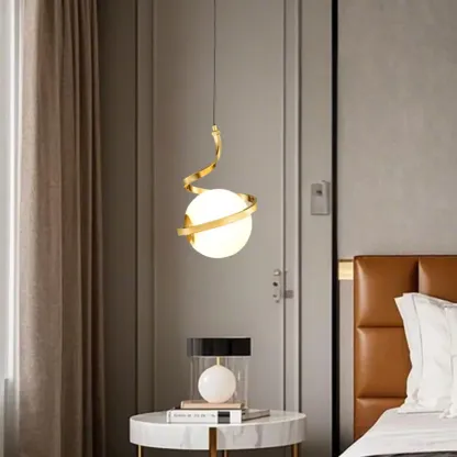 Designer White Ball Pendant Light with Metal Linear for Bedside Image - 4