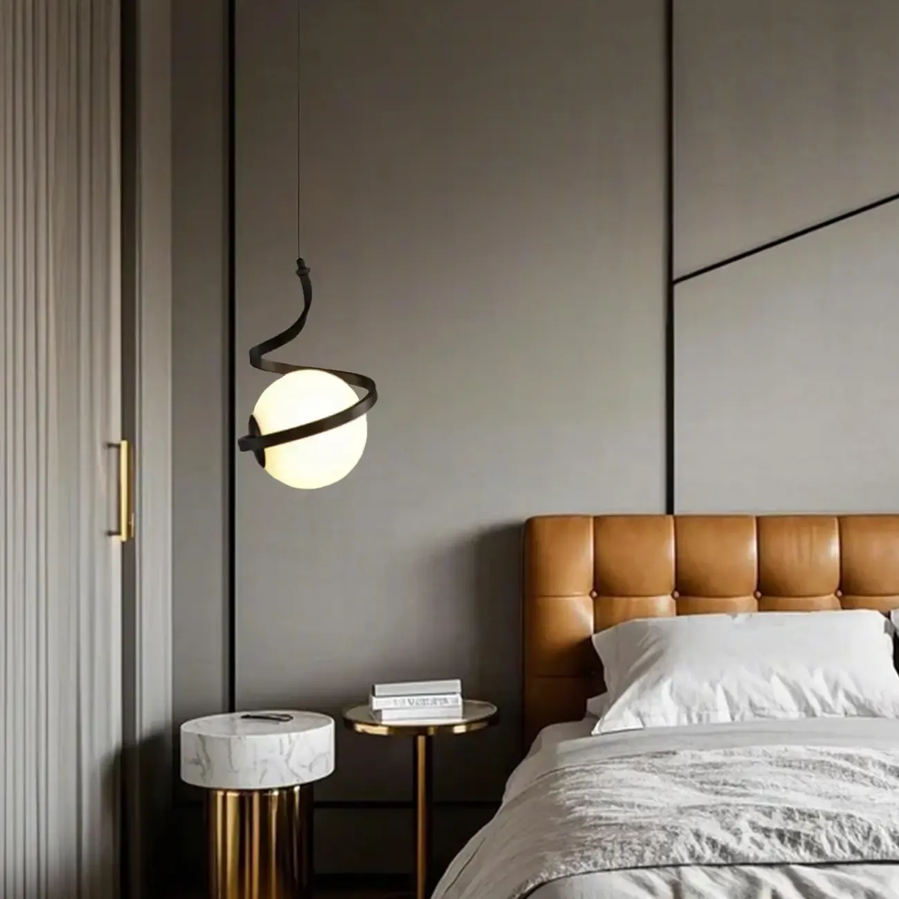 Designer White Ball Pendant Light with Metal Linear for Bedside Image - 5