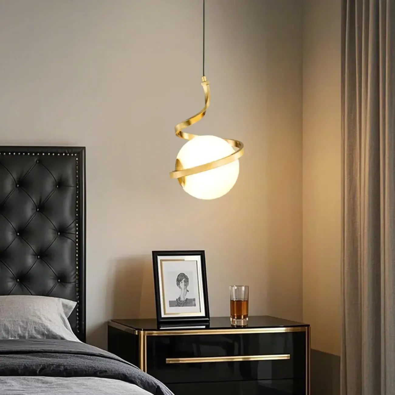 Designer White Ball Pendant Light with Metal Linear for Bedside Image - 6