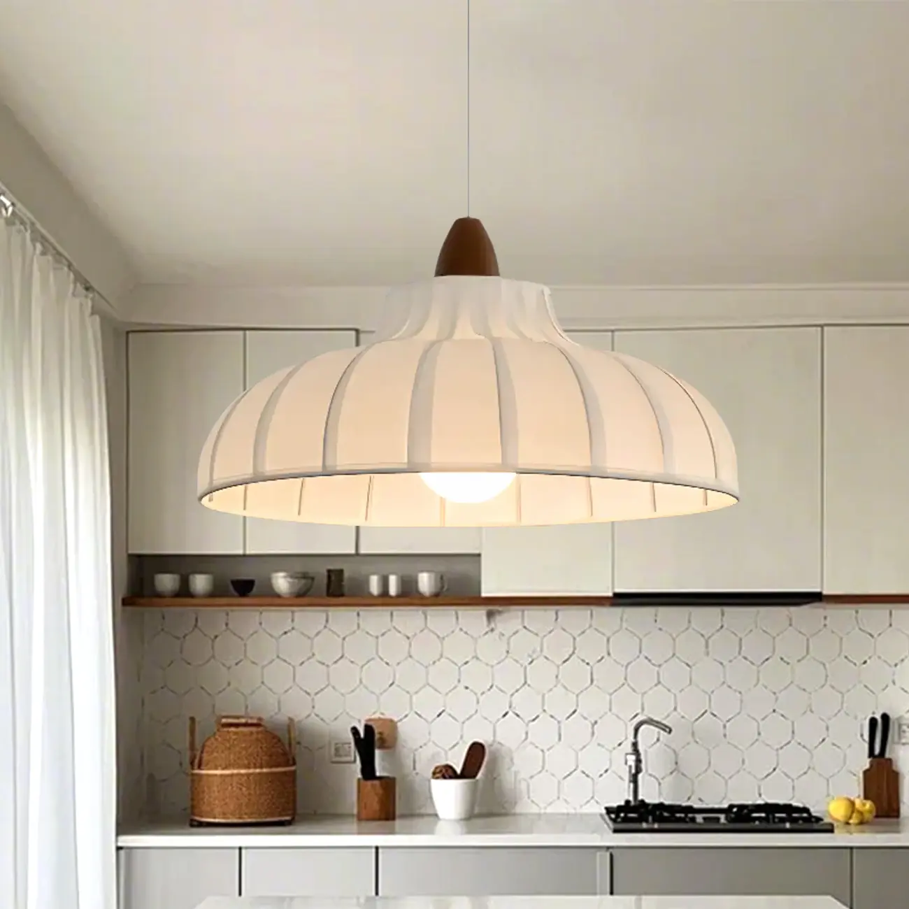 Elegant Fabric White Dome Pendant Lamp for Living Room Image - 3 | homeyfad