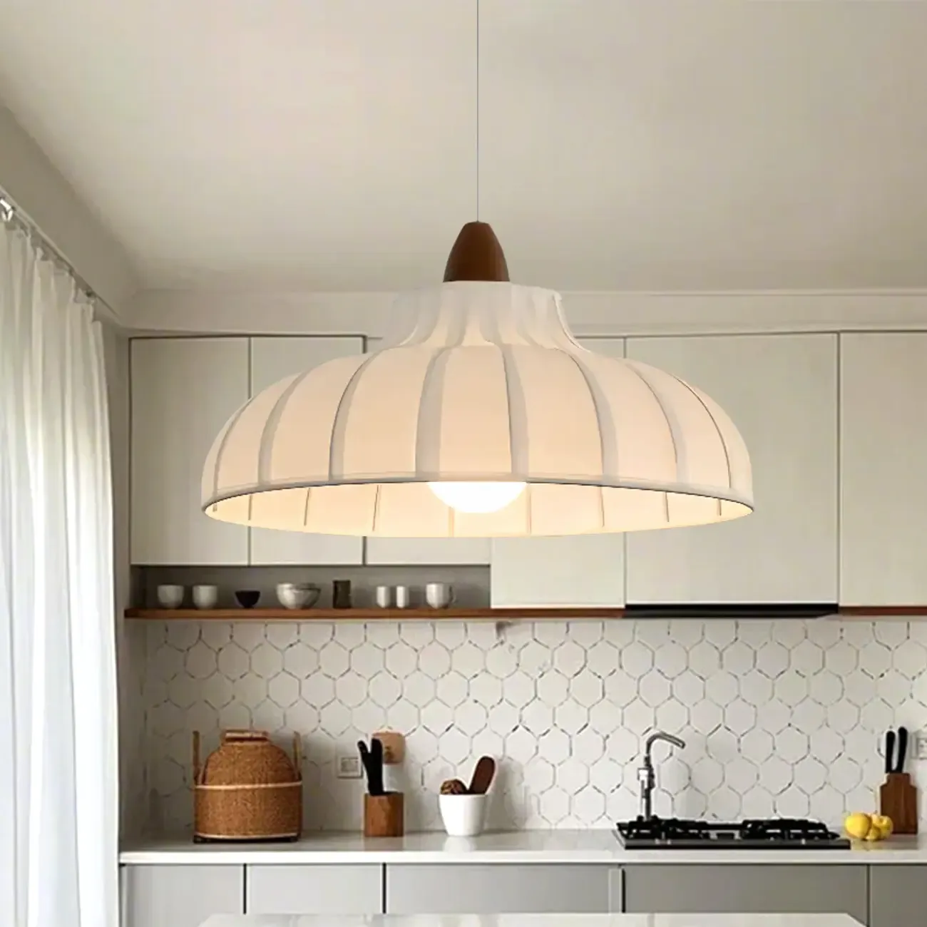 Elegant Fabric White Dome Pendant Lamp for Living Room Image - 3