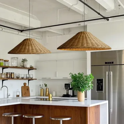 Southeast Asian Rattan Cone Pendant Light for Living Room Image - 1
