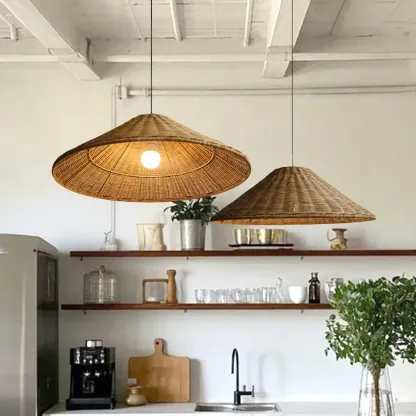 Southeast Asian Rattan Cone Pendant Light for Living Room Image - 2
