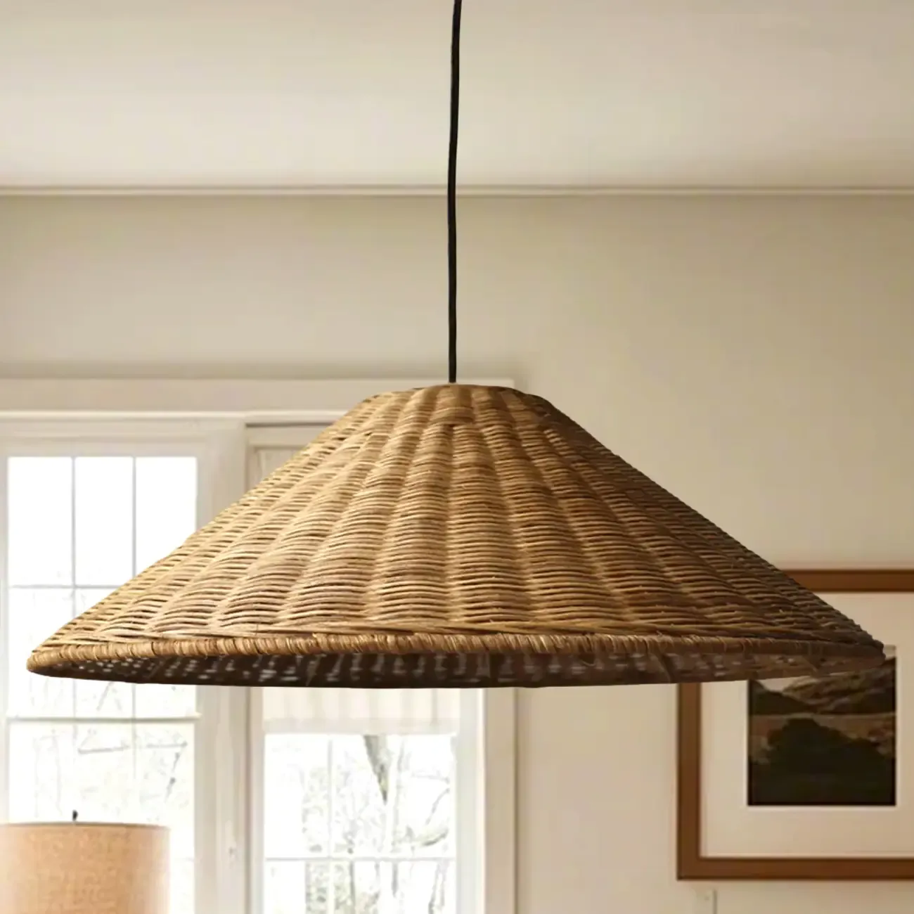 Southeast Asian Rattan Cone Pendant Light for Living Room Image - 3
