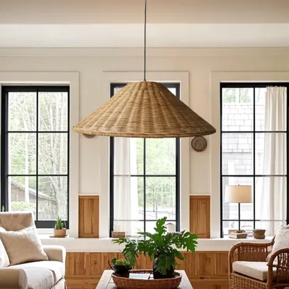 Southeast Asian Rattan Cone Pendant Light for Living Room Image - 4