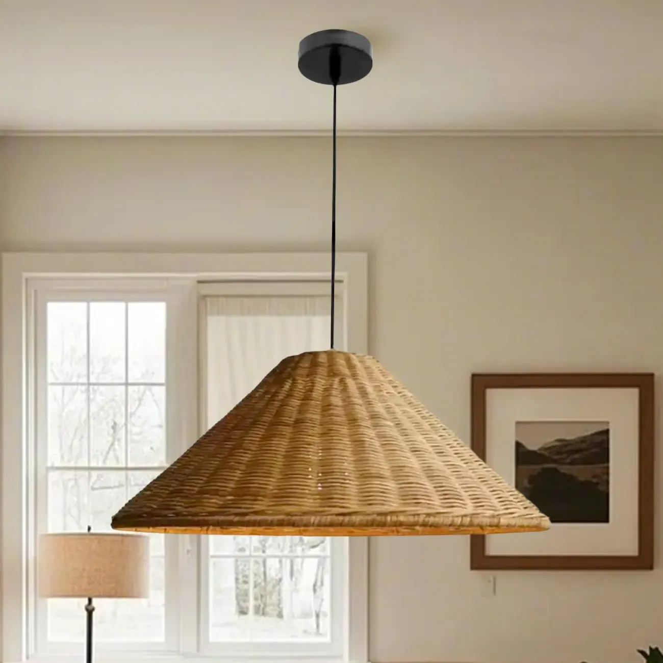 Southeast Asian Rattan Cone Pendant Light for Living Room Image - 14