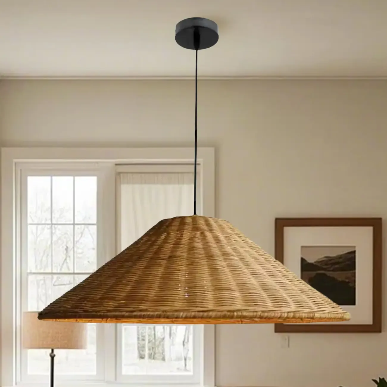 Southeast Asian Rattan Cone Pendant Light for Living Room Image - 15