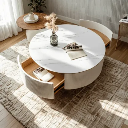 White Round Wood Lift-Top Drawer Coffee Table Image - 2