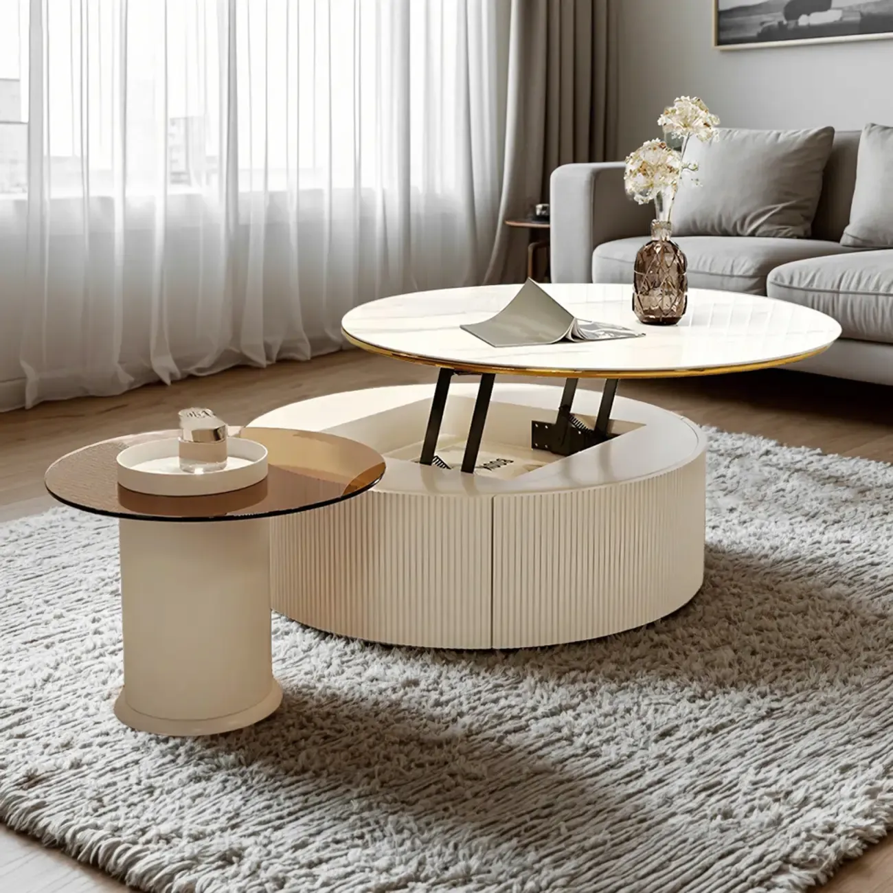 White Round Wood Lift-Top Drawer Coffee Table Image - 1