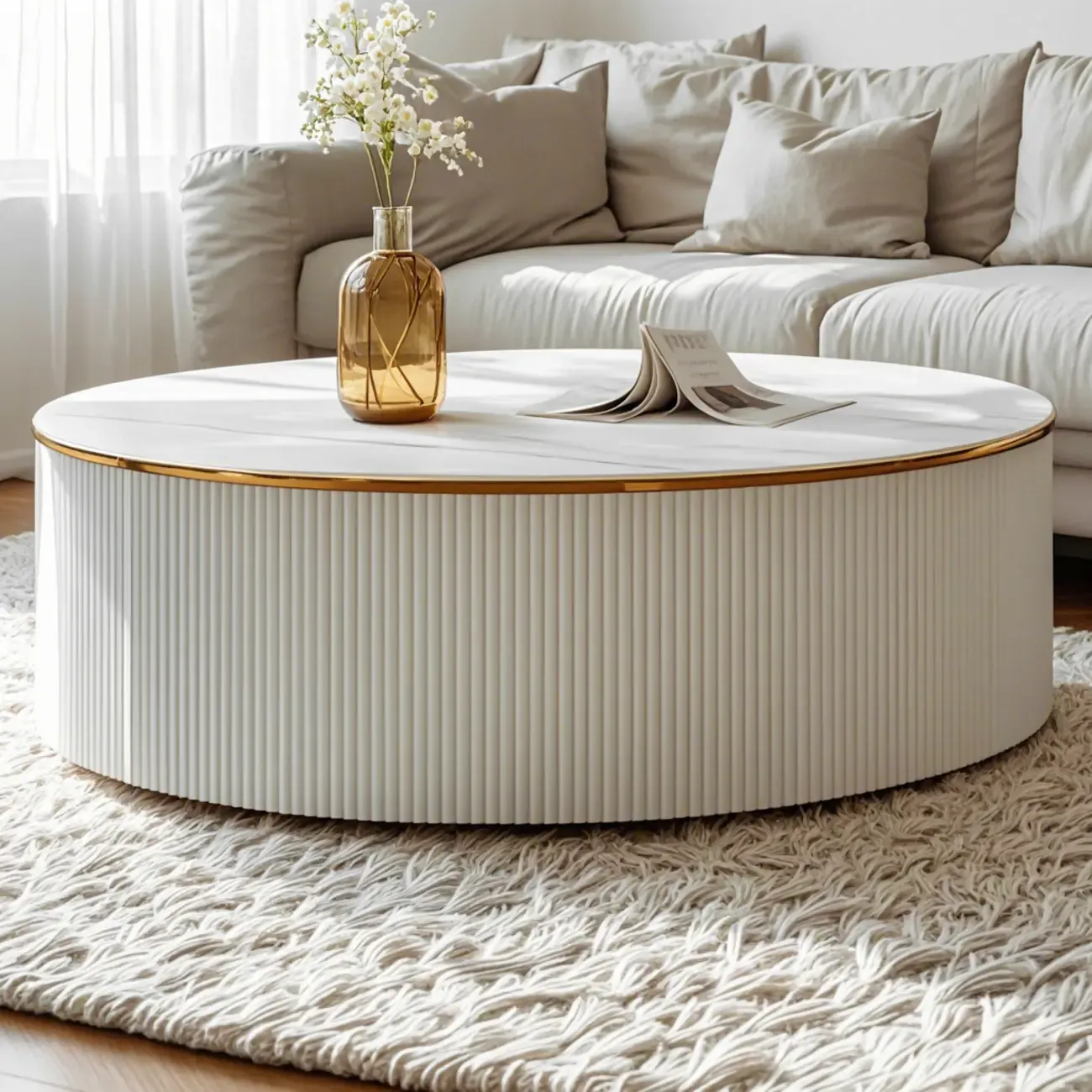 White Round Wood Lift-Top Drawer Coffee Table Image - 3