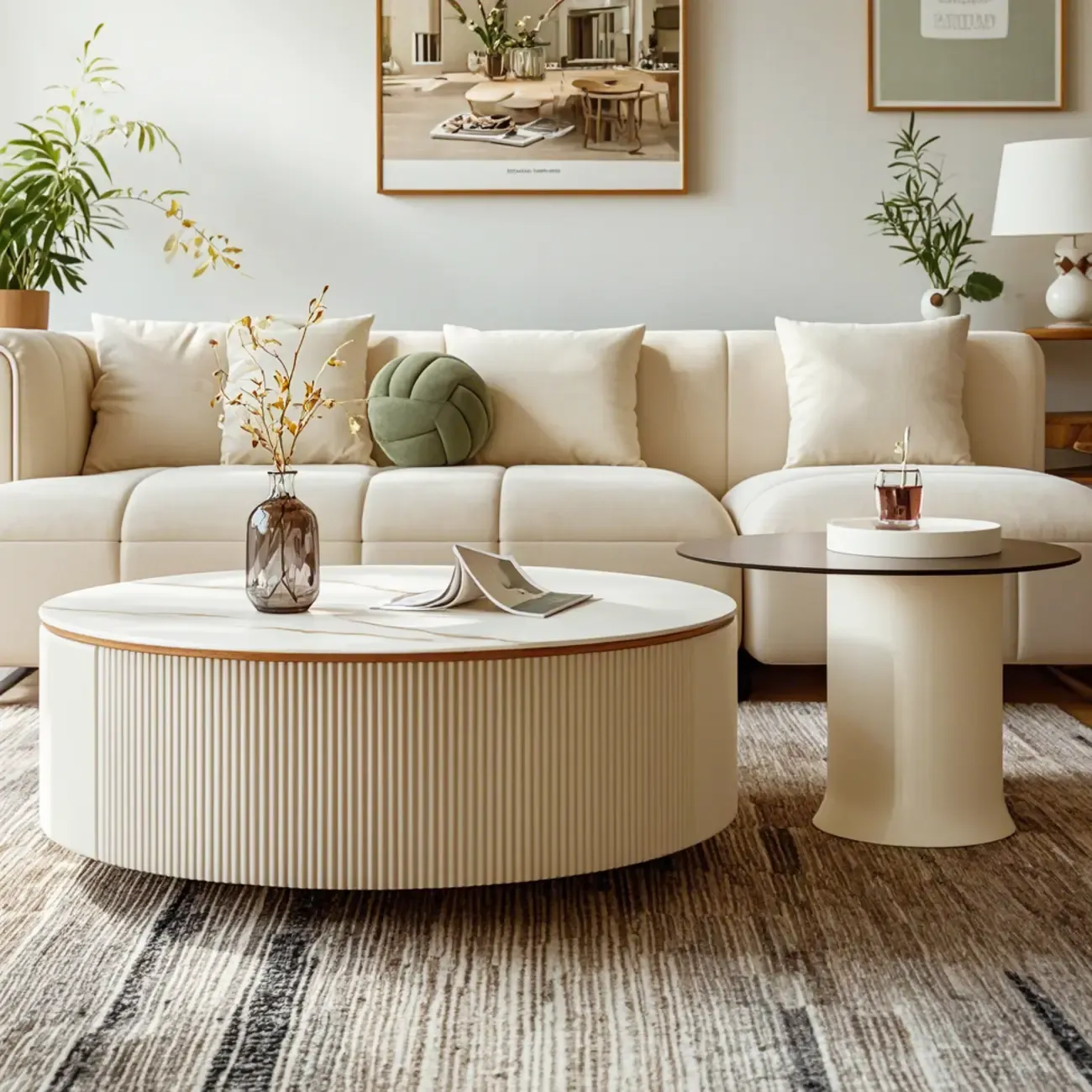 White Round Wood Lift-Top Drawer Coffee Table Image - 4